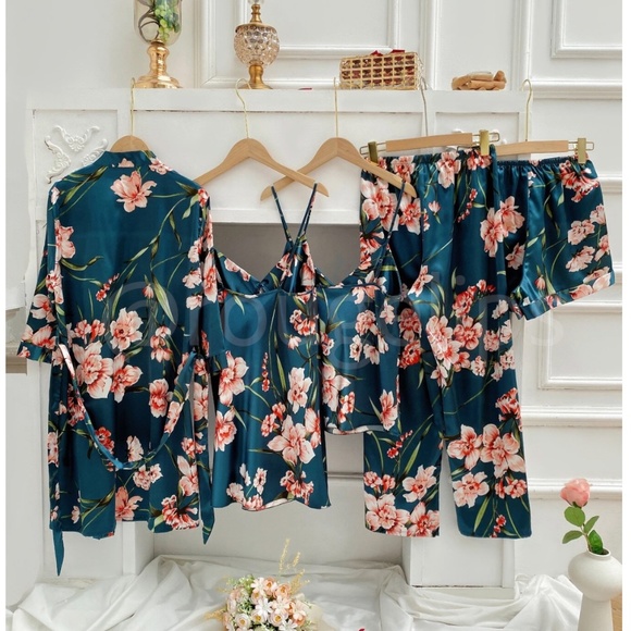 Dark Teal Satin Pajama Lingerie Set of 5 Pieces - Picture 2 of 6